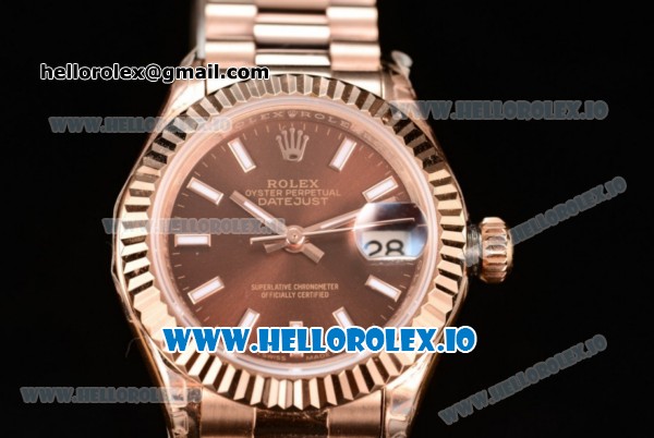 Rolex Datejust Swiss ETA 2671 Automatic Rose Gold Case with Brown Dial Stick Markers and Rose Gold Bracelet (BP) - Click Image to Close