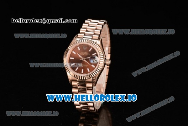 Rolex Datejust Swiss ETA 2671 Automatic Rose Gold Case with Brown Dial Stick Markers and Rose Gold Bracelet (BP) - Click Image to Close