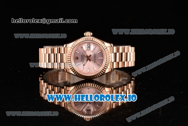 Rolex Datejust Swiss ETA 2671 Automatic Rose Gold Case with Pink Dial Stick Markers and Rose Gold Bracelet (BP) - Click Image to Close