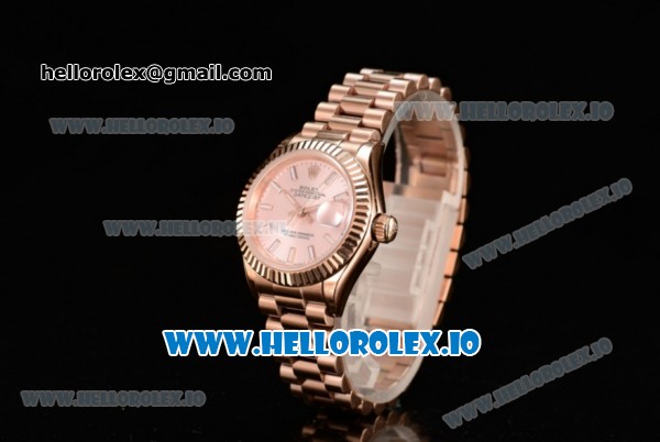 Rolex Datejust Swiss ETA 2671 Automatic Rose Gold Case with Pink Dial Stick Markers and Rose Gold Bracelet (BP) - Click Image to Close