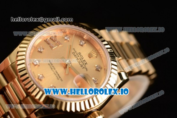 Rolex Datejust Swiss ETA 2671 Automatic Yellow Gold Case with Yellow Gold Dial Diamonds Markers and Yellow Gold Bracelet (BP) - Click Image to Close