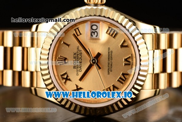 Rolex Datejust Swiss ETA 2671 Automatic Yellow Gold Case with Yellow Gold Dial Roman Numeral Markers and Yellow Gold Bracelet (BP) - Click Image to Close