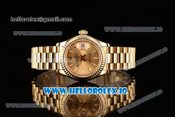 Rolex Datejust Swiss ETA 2671 Automatic Yellow Gold Case with Yellow Gold Dial Stick Markers and Yellow Gold Bracelet (BP) - Click Image to Close