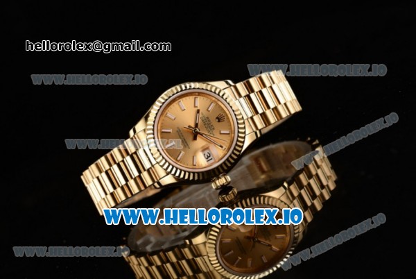 Rolex Datejust Swiss ETA 2671 Automatic Yellow Gold Case with Yellow Gold Dial Stick Markers and Yellow Gold Bracelet (BP) - Click Image to Close