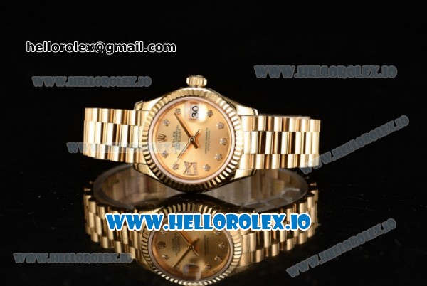 Rolex Datejust Swiss ETA 2671 Automatic Yellow Gold Case with Diamonds Markers Yellow Gold Dial and Yellow Gold Bracelet (BP) - Click Image to Close