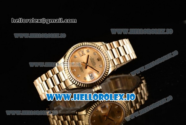 Rolex Datejust Swiss ETA 2671 Automatic Yellow Gold Case with Diamonds Markers Yellow Gold Dial and Yellow Gold Bracelet (BP) - Click Image to Close