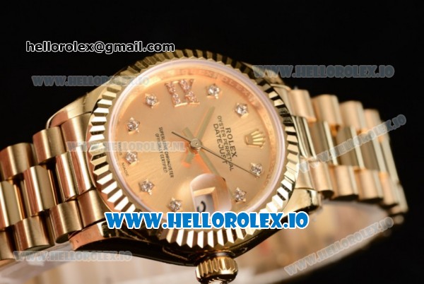 Rolex Datejust Swiss ETA 2671 Automatic Yellow Gold Case with Diamonds Markers Yellow Gold Dial and Yellow Gold Bracelet (BP) - Click Image to Close
