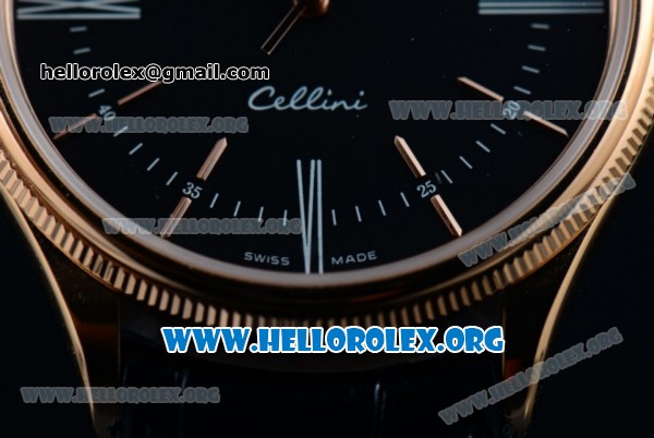 Rolex Cellini Time Clone Rolex 3132 Automatic Rose Gold Case with Black Dial Stick Markers and Black Leather Strap - 1:1 Origianl (BP) - Click Image to Close