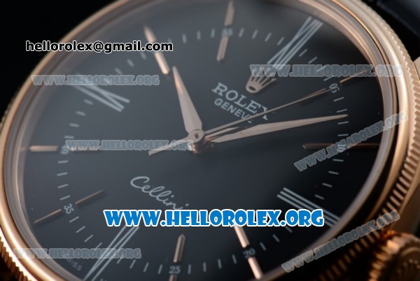 Rolex Cellini Time Clone Rolex 3132 Automatic Rose Gold Case with Black Dial Stick Markers and Black Leather Strap - 1:1 Origianl (BP) - Click Image to Close