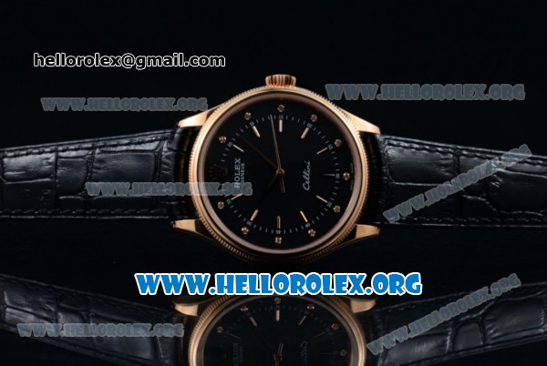 Rolex Cellini Time Clone Rolex 3132 Automatic Rose Gold Case with Black Dial and Black Leather Strap - 1:1 Origianl (BP) - Click Image to Close
