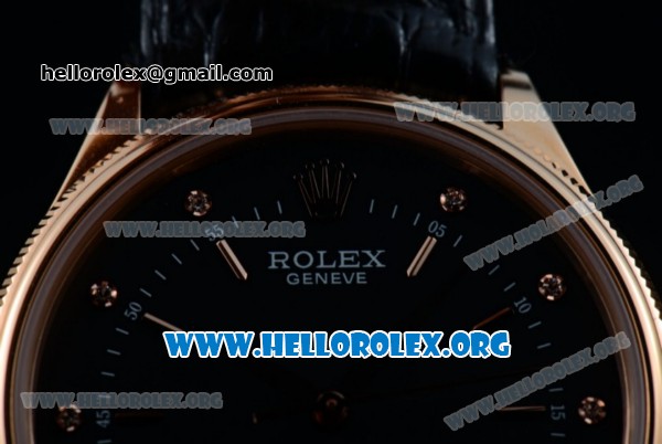 Rolex Cellini Time Clone Rolex 3132 Automatic Rose Gold Case with Black Dial and Black Leather Strap - 1:1 Origianl (BP) - Click Image to Close