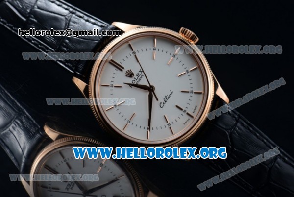 Rolex Cellini Time Clone Rolex 3132 Automatic Rose Gold Case with white Dial Stick Markers and Black Leather Strap - 1:1 Origianl (BP) - Click Image to Close