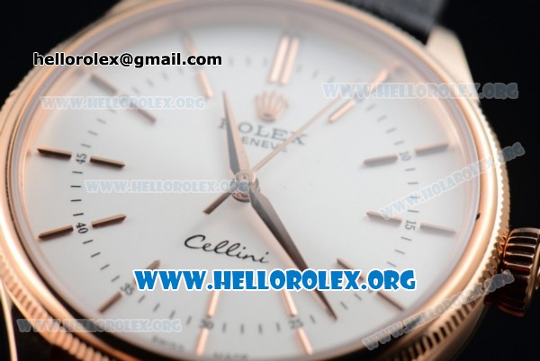 Rolex Cellini Time Clone Rolex 3132 Automatic Rose Gold Case with white Dial Stick Markers and Black Leather Strap - 1:1 Origianl (BP) - Click Image to Close