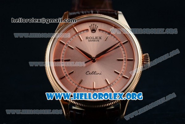 Rolex Cellini Time Clone Rolex 3132 Automatic Rose Gold Case with Rose Gold Dial and Brown Leather Strap - 1:1 Origianl (BP) - Click Image to Close
