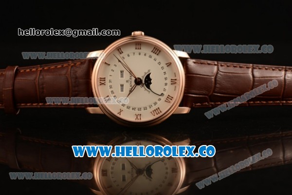 BlancPain Villeret Moonphase & Complete Calendar Miyota 9015 Automatic Rose Gold Case with Beige Dial Brown Leather Strap and Roman Numeral Markers (AAAF) - Click Image to Close