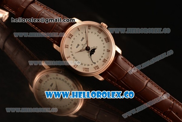 BlancPain Villeret Moonphase & Complete Calendar Miyota 9015 Automatic Rose Gold Case with Beige Dial Brown Leather Strap and Roman Numeral Markers (AAAF) - Click Image to Close