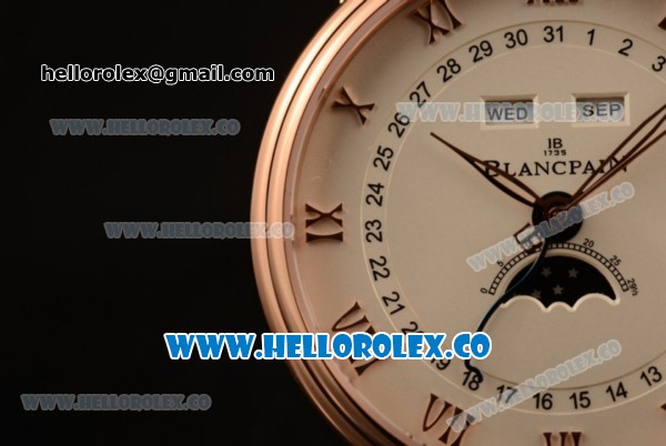 BlancPain Villeret Moonphase & Complete Calendar Miyota 9015 Automatic Rose Gold Case with Beige Dial Brown Leather Strap and Roman Numeral Markers (AAAF) - Click Image to Close