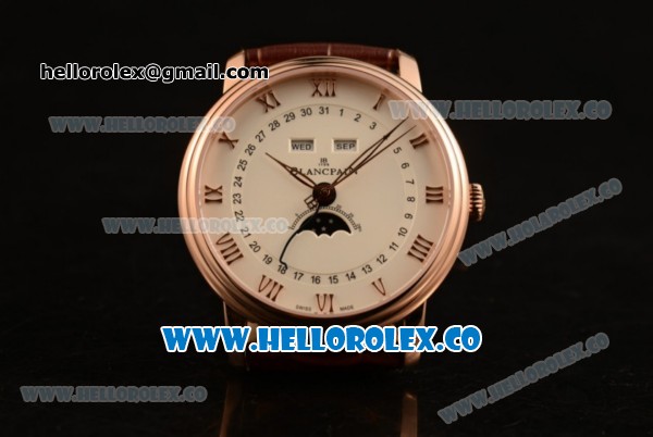 BlancPain Villeret Moonphase & Complete Calendar Miyota 9015 Automatic Rose Gold Case with Beige Dial Brown Leather Strap and Roman Numeral Markers (AAAF) - Click Image to Close