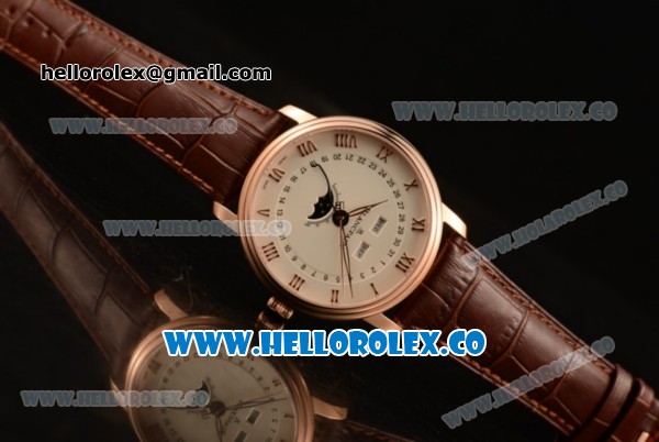 BlancPain Villeret Moonphase & Complete Calendar Miyota 9015 Automatic Rose Gold Case with Beige Dial Brown Leather Strap and Roman Numeral Markers (AAAF) - Click Image to Close