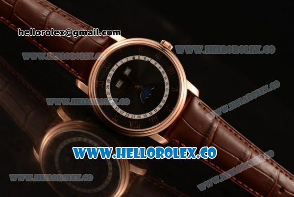 BlancPain Villeret Moonphase & Complete Calendar Miyota 9015 Automatic Rose Gold Case with Black Dial Brown Leather Strap and Roman Numeral Markers (AAAF) - Click Image to Close