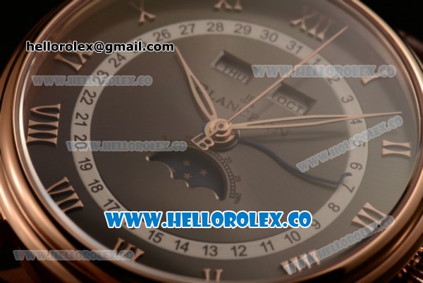 BlancPain Villeret Moonphase & Complete Calendar Miyota 9015 Automatic Rose Gold Case with Black Dial Brown Leather Strap and Roman Numeral Markers (AAAF) - Click Image to Close