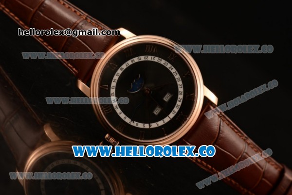 BlancPain Villeret Moonphase & Complete Calendar Miyota 9015 Automatic Rose Gold Case with Black Dial Brown Leather Strap and Roman Numeral Markers (AAAF) - Click Image to Close