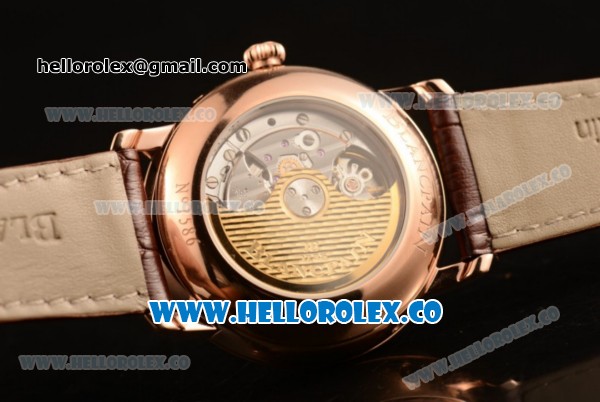 BlancPain Villeret Moonphase & Complete Calendar Miyota 9015 Automatic Rose Gold Case with Black Dial Brown Leather Strap and Roman Numeral Markers (AAAF) - Click Image to Close