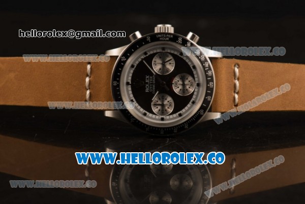 Rolex Daytona Vintage Edition Chrono Miyota OS20 Quartz Steel Case Steel Bezel with Black Dial and Brown Leather Strap - Click Image to Close