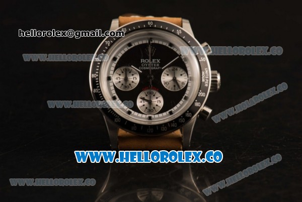 Rolex Daytona Vintage Edition Chrono Miyota OS20 Quartz Steel Case Steel Bezel with Black Dial and Brown Leather Strap - Click Image to Close