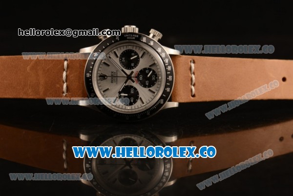 Rolex Daytona Vintage Edition Chrono Miyota OS20 Quartz Steel Case with Silver Dial and Brown Leather Strap - Click Image to Close