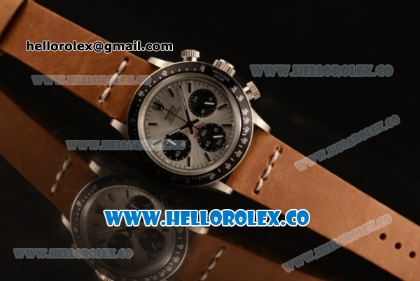 Rolex Daytona Vintage Edition Chrono Miyota OS20 Quartz Steel Case with Silver Dial and Brown Leather Strap - Click Image to Close