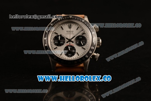 Rolex Daytona Vintage Edition Chrono Miyota OS20 Quartz Steel Case with Silver Dial and Brown Leather Strap - Click Image to Close