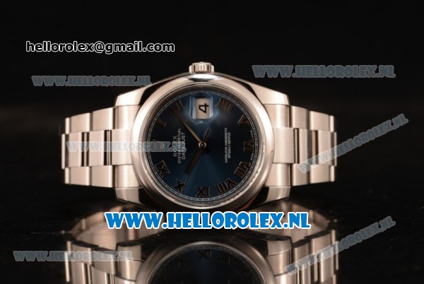 Rolex Datejust Clone Rolex 3135 Automatic Steel Case with Blue Dial Roman Numeral Markers and Steel Bracelet - Click Image to Close