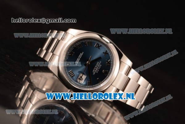 Rolex Datejust Clone Rolex 3135 Automatic Steel Case with Blue Dial Roman Numeral Markers and Steel Bracelet - Click Image to Close