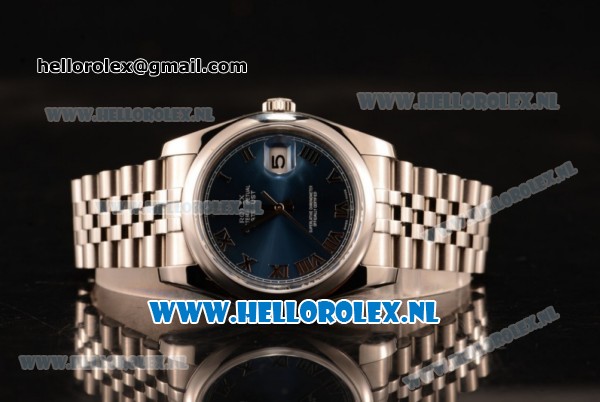 Rolex Datejust Clone Rolex 3135 Automatic Steel Case with Roman Numeral Markers Blue Dial and Steel Bracelet - Click Image to Close