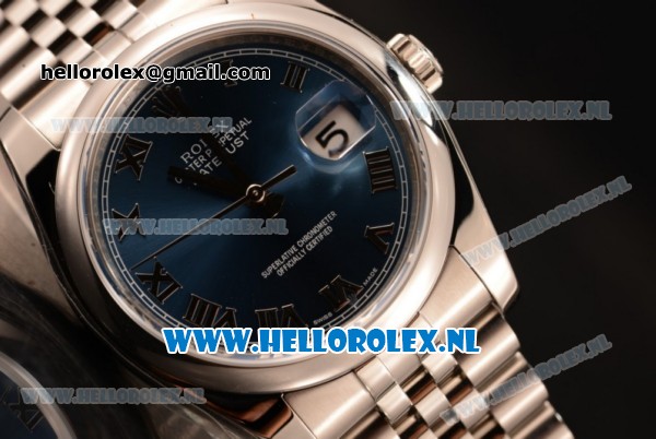Rolex Datejust Clone Rolex 3135 Automatic Steel Case with Roman Numeral Markers Blue Dial and Steel Bracelet - Click Image to Close