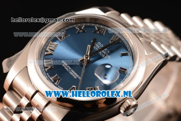Rolex Datejust Clone Rolex 3135 Automatic Steel Case with Roman Numeral Markers Blue Dial and Steel Bracelet - Click Image to Close