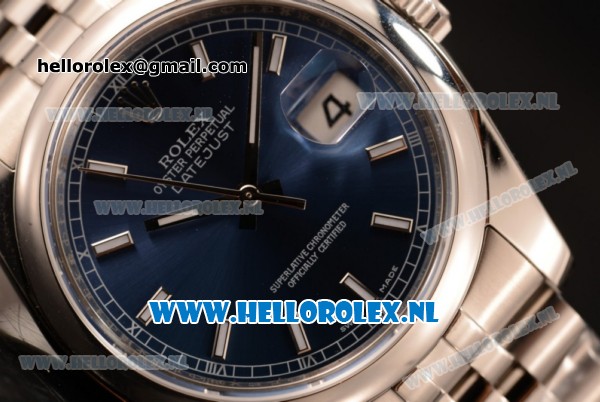 Rolex Datejust Clone Rolex 3135 Automatic Steel Case with Stick Markers Blue Dial and Steel Bracelet - Click Image to Close