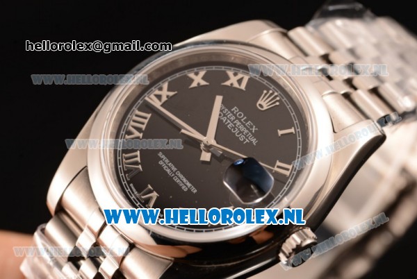Rolex Datejust Clone Rolex 3135 Automatic Steel Case with Black Dial and Roman Numeral Markers Steel Bracelet - Click Image to Close