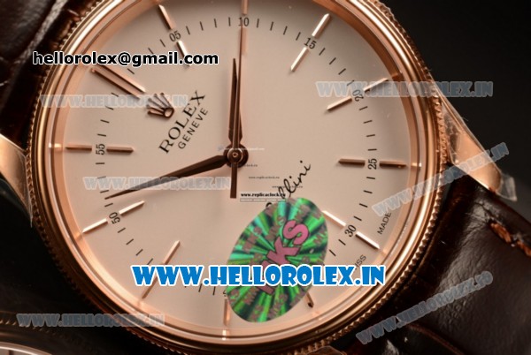 Rolex Cellini Time Swiss ETA 2824 Automatic Rose Gold Case White Dial Stick Markers With Rose Gold Bezel Brown Leahter Strap - Click Image to Close