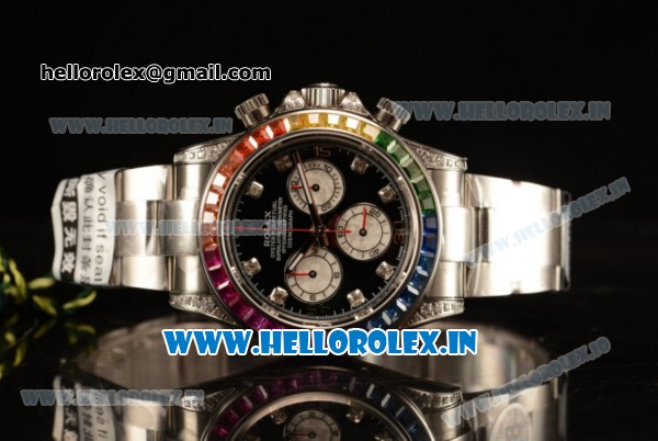 Rolex Cosmograph Daytona Rainbow Diamond Chrono Swiss Valjoux 7750 Automatic Steel Case Black Dial With Diamonds Markers Steel Bracelet - Click Image to Close