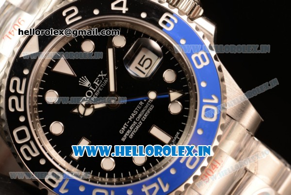 Rolex GMT-Master II Clone Rolex 3186 Automatic 904 Steel Case Black Dial With Dots Markers Steel Bracelet - 1:1 Original(NOOB) - Click Image to Close