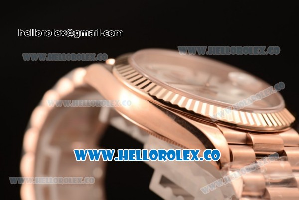 Rolex Day-Date Clone Rolex 3235 Automatic Rose Gold Case with Silver Dial Roman Numeral Markers and Rose Gold Bracelet (CF) - Click Image to Close