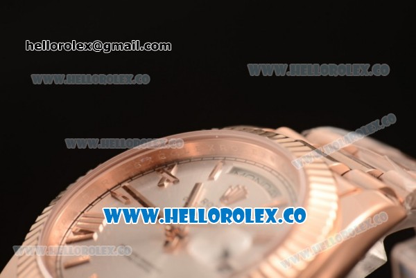 Rolex Day-Date Clone Rolex 3235 Automatic Rose Gold Case with Silver Dial Roman Numeral Markers and Rose Gold Bracelet (CF) - Click Image to Close