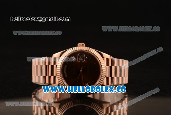 Rolex Day-Date Clone Rolex 3235 Automatic Rose Gold Case with Brown Dial Roman Numeral Markers and Rose Gold Bracelet (CF) - Click Image to Close