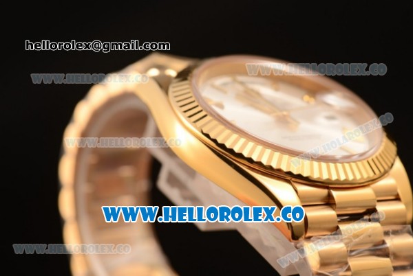 Rolex Day-Date Clone Rolex 3235 Automatic Yellow Gold Case with Silver Dial Roman Numeral Markers and Yellow Gold Bracelet (CF) - Click Image to Close