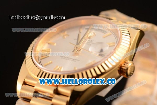 Rolex Day-Date Clone Rolex 3235 Automatic Yellow Gold Case with Silver Dial Roman Numeral Markers and Yellow Gold Bracelet (CF) - Click Image to Close