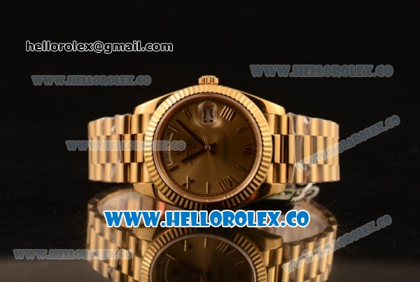 Rolex Day-Date Clone Rolex 3235 Automatic Yellow Gold Case with Golden Dial Roman Numeral Markers and Yellow Gold Bracelet (CF) - Click Image to Close