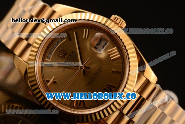 Rolex Day-Date Clone Rolex 3235 Automatic Yellow Gold Case with Golden Dial Roman Numeral Markers and Yellow Gold Bracelet (CF) - Click Image to Close