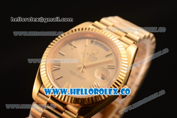 Rolex Day-Date Clone Rolex 3235 Automatic Yellow Gold Case with Golden Dial Roman Numeral Markers and Yellow Gold Bracelet (CF) - Click Image to Close